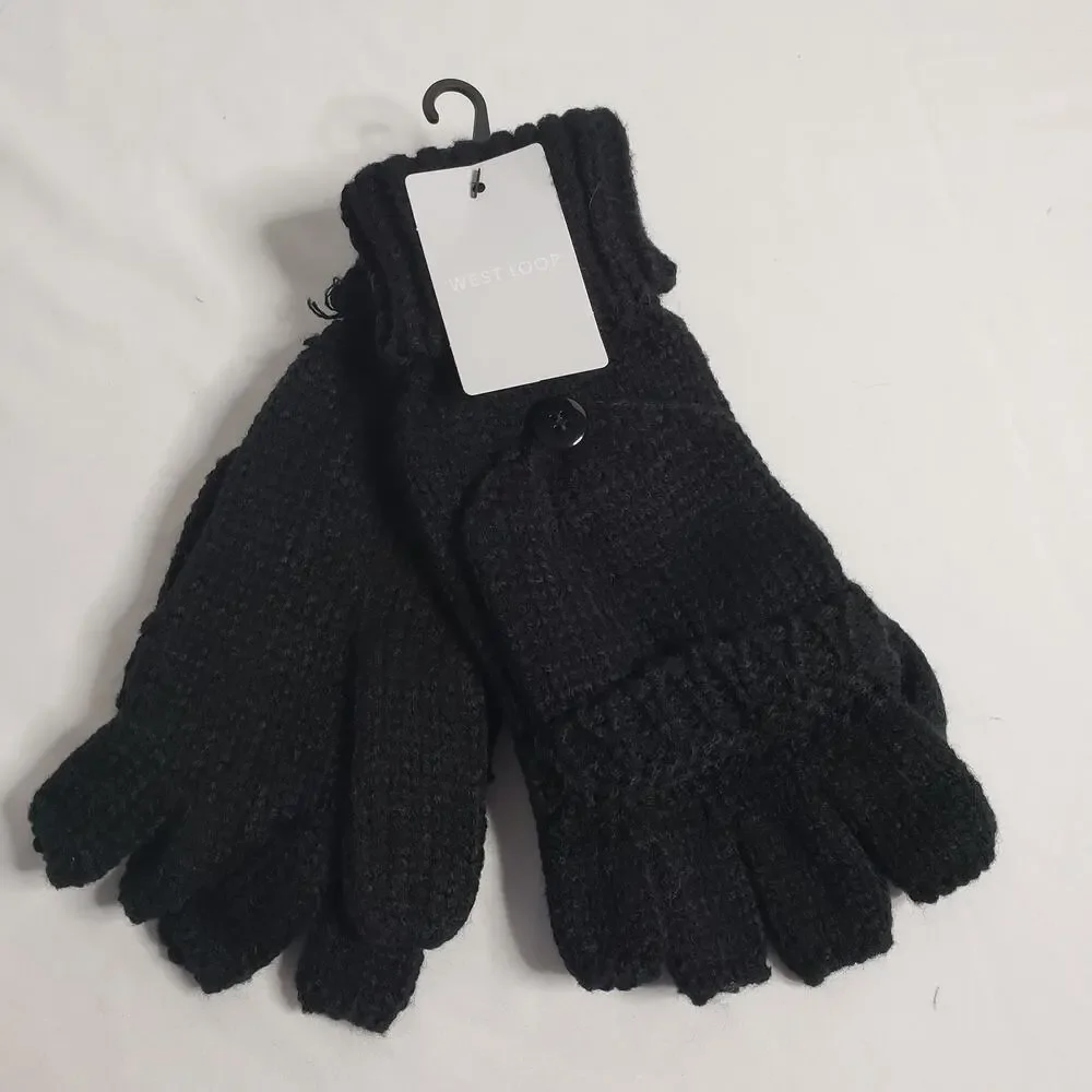 West Loop Women's One Size‎ Fingerless Foldover Gloves Mittens Black Knit Winter